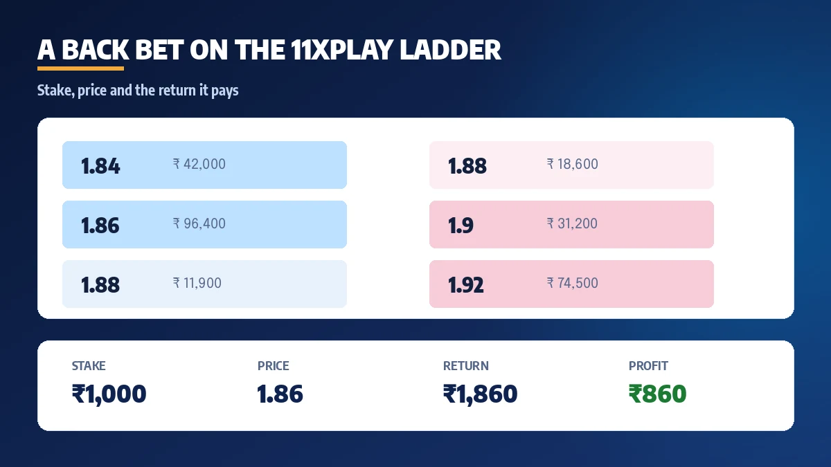 A stake box open on an 11xPlay back cell showing the return before the bet is confirmed