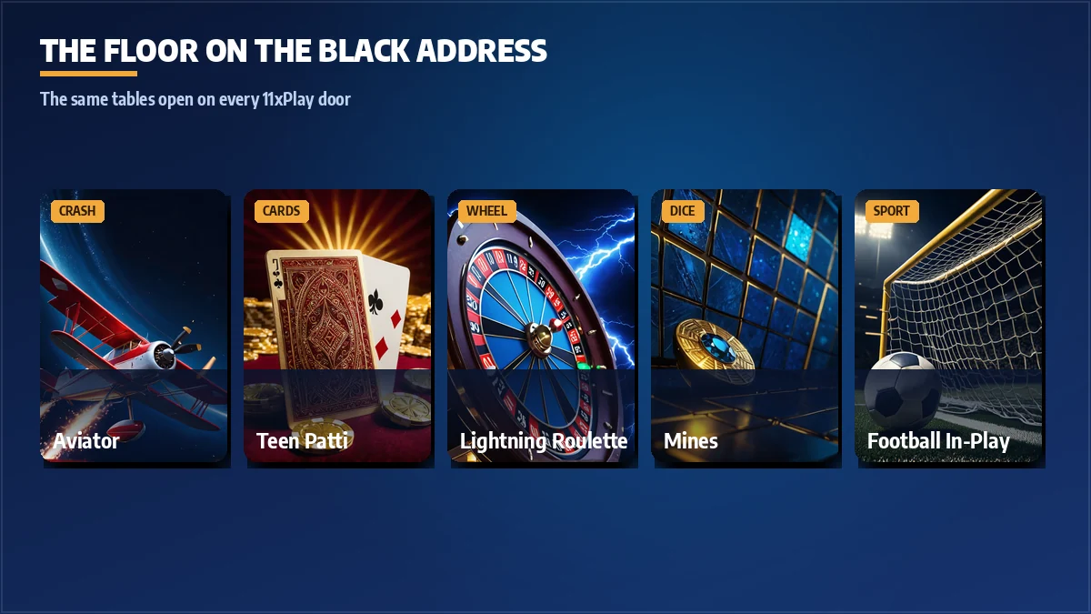 Game tiles open on 11xPlay Black — Dragon Tiger, lightning roulette, Aviator and Teen Patti