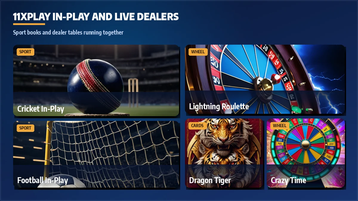 11xPlay live game cards for Aviator, Teen Patti, Andar Bahar and Dragon Tiger next to the in-play sports board