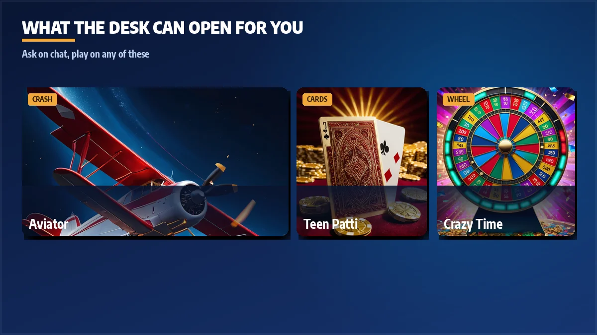 Game cards for Aviator, Teen Patti, Andar Bahar and Dragon Tiger reachable with one 11xPlay ID from the WhatsApp desk